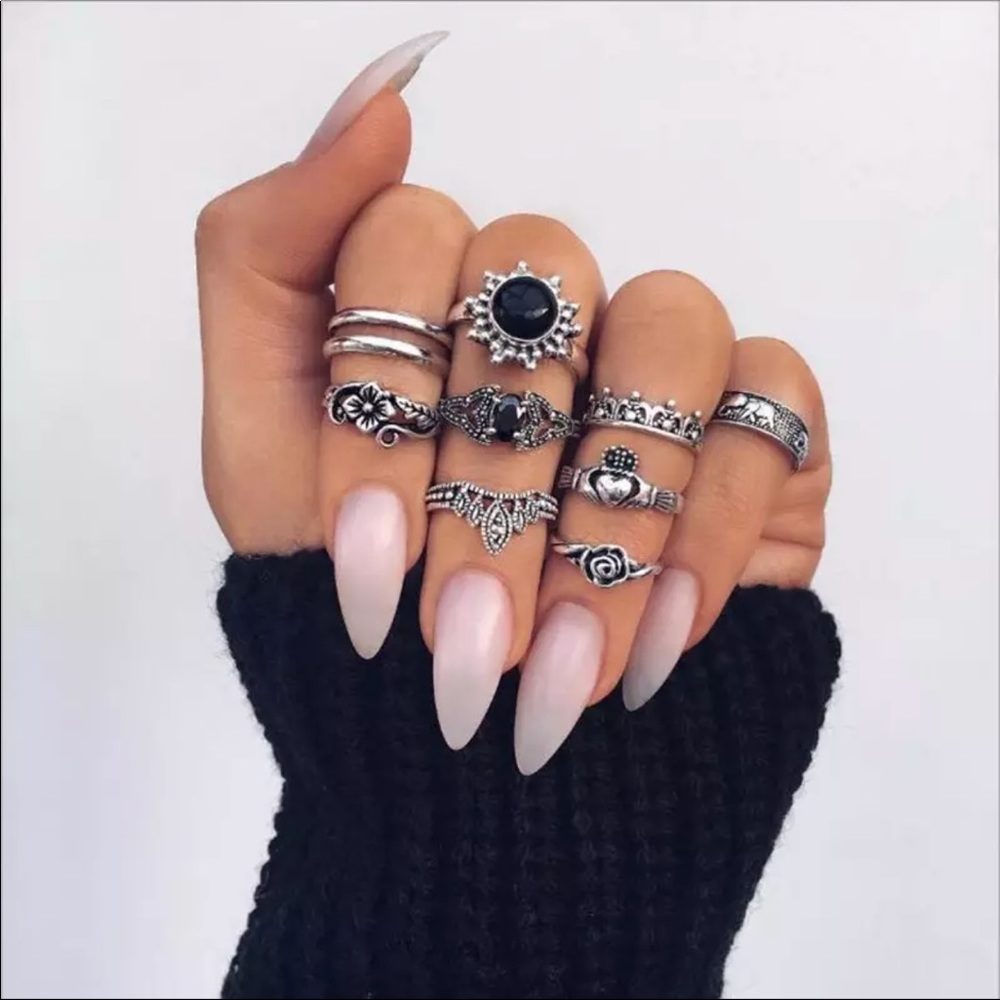 💥10 pc. Bohemian/antique silver knuckle ring set